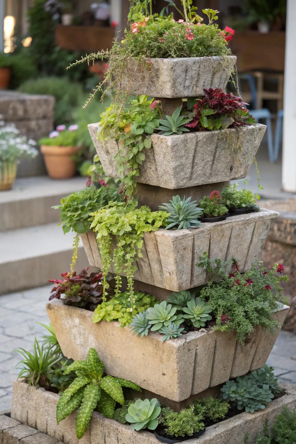 Multi-level stone planters creating a tiered garden effect.