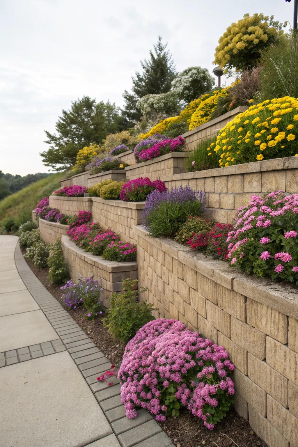 Retaining wall featuring built-in planting spaces for added greenery.