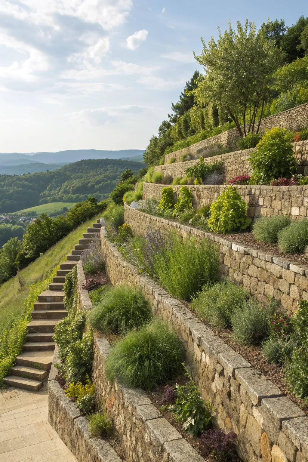 Terraced garden showcasing diverse plant life on each level.
