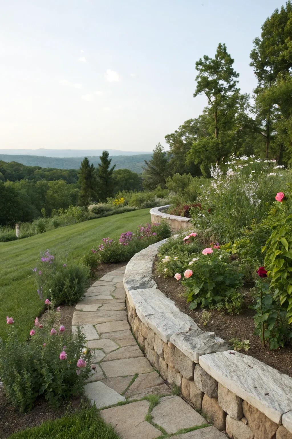 Curved stone borders create a natural flow in gardens.