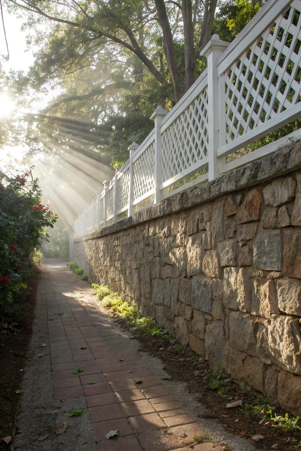 Light and airy lattice fencing atop a stone wall.
