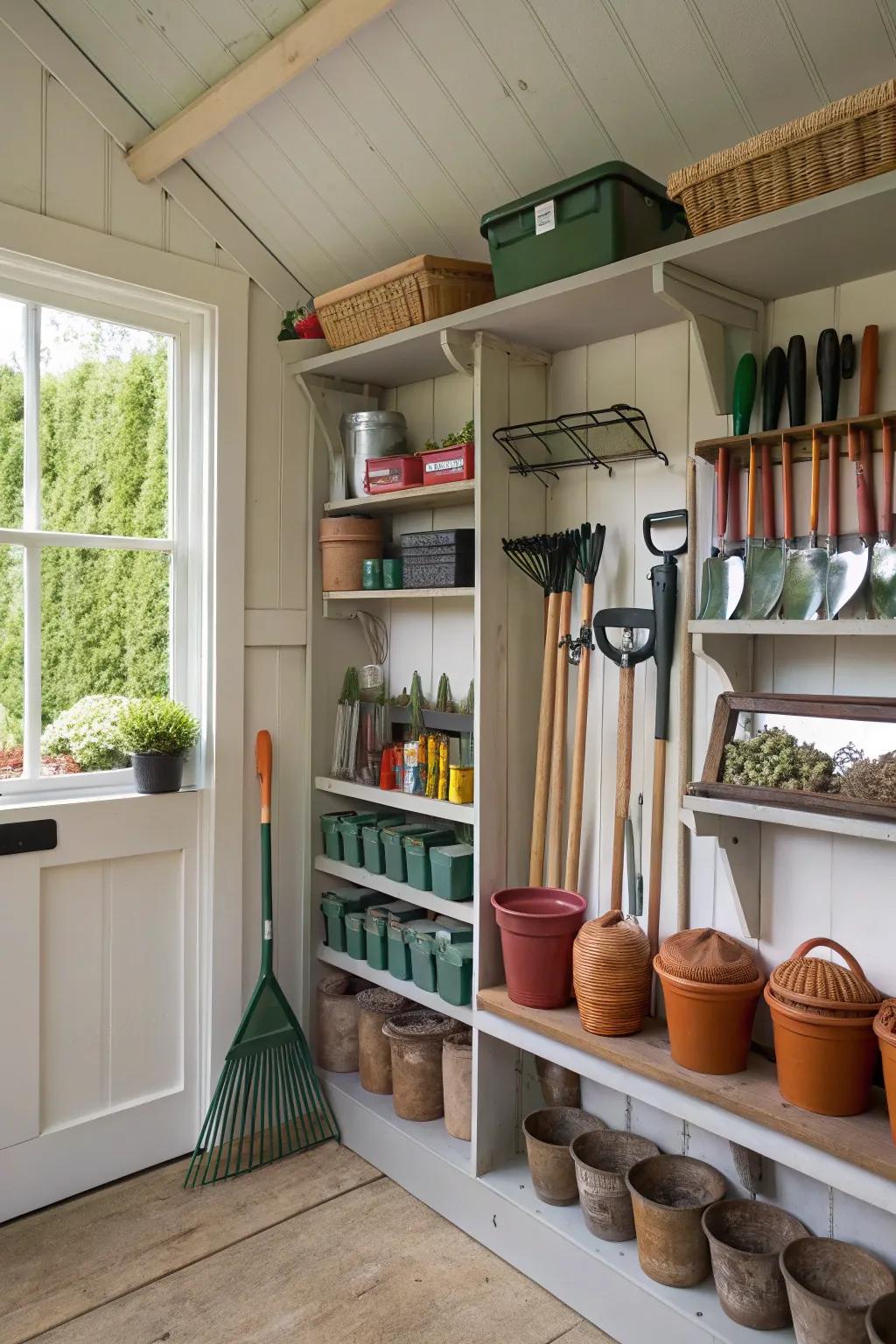 Transform your shed with shelves for a clean and organized look.