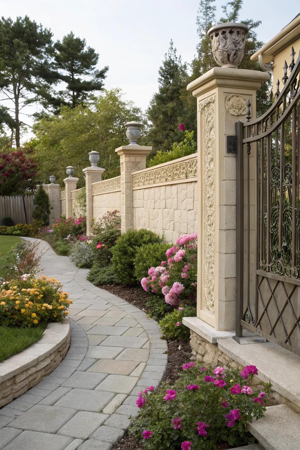 Decorative pillars adding elegance to a stucco fence.