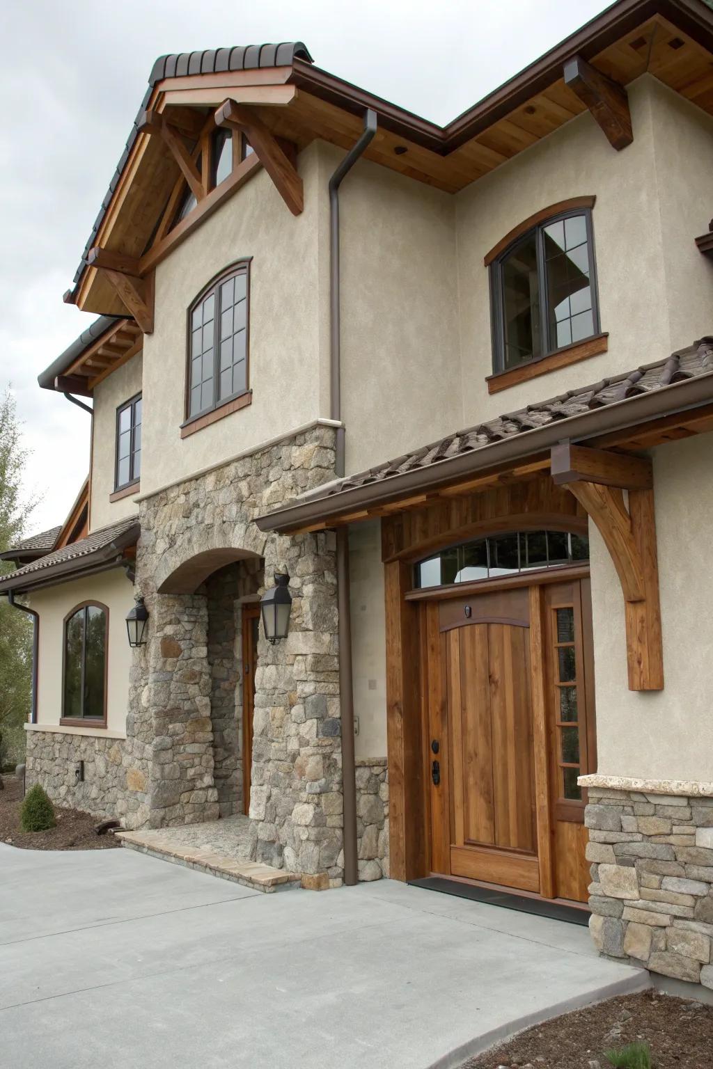 Stucco house with a blend of stone and wood elements.