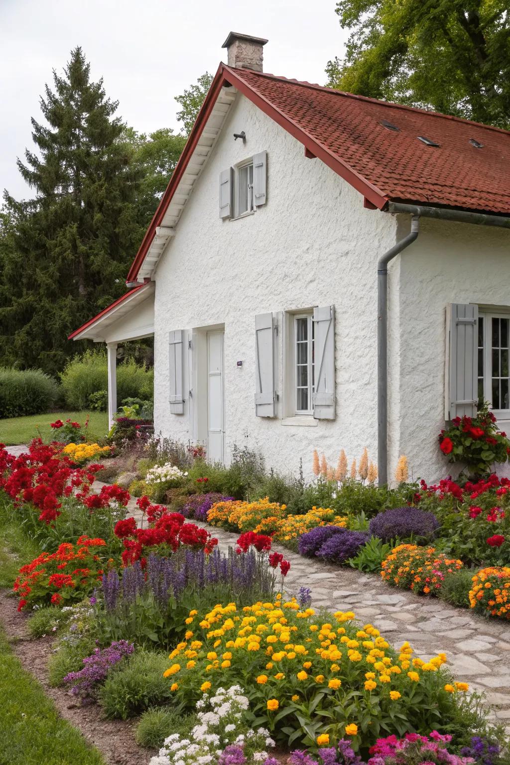 Classic white stucco provides a versatile backdrop for any garden.