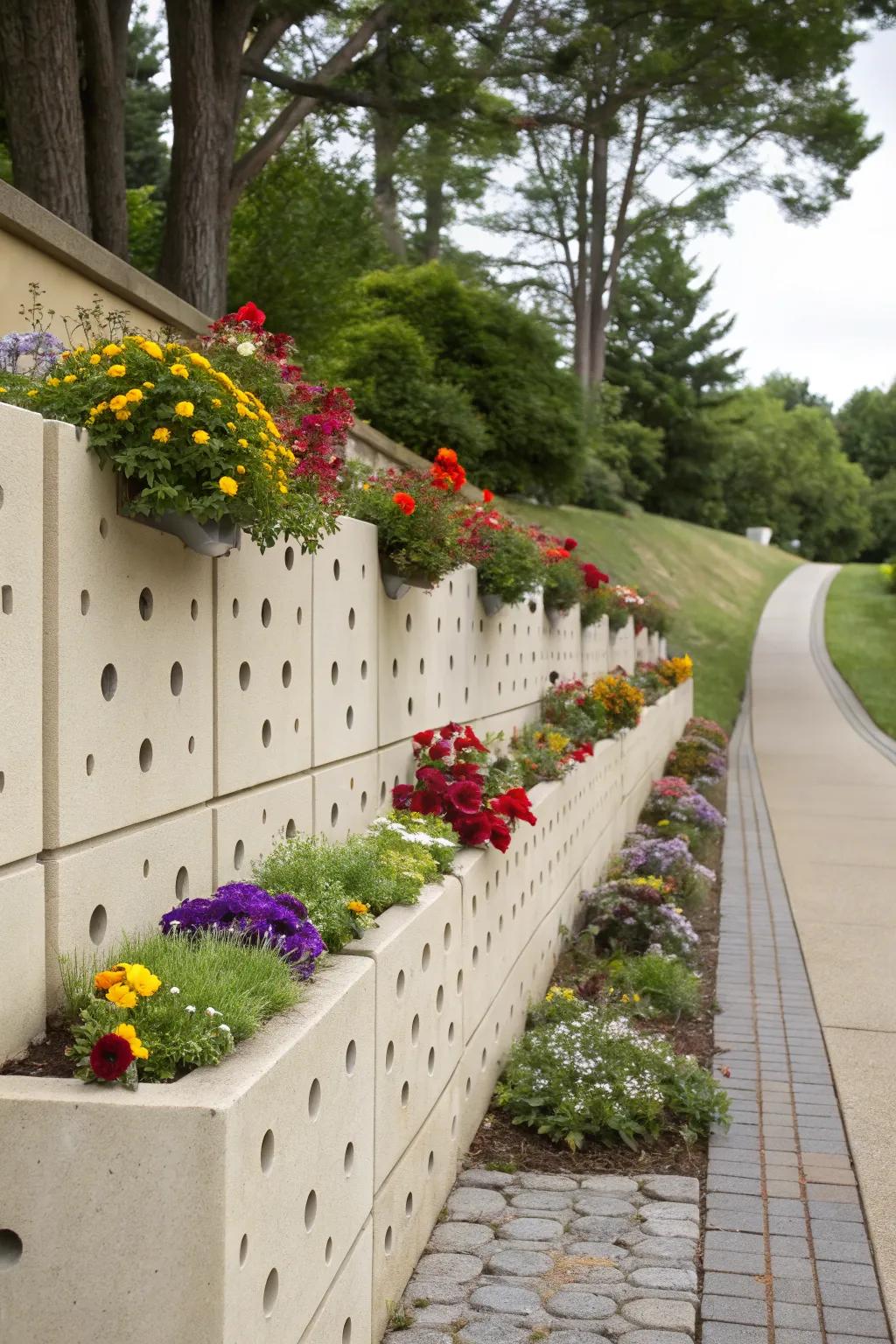Stucco walls with planters bring life to your garden design.