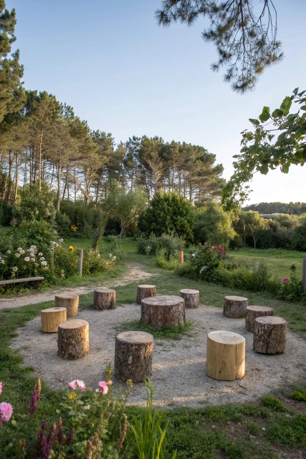 A circle of stumps invites community and conversation.
