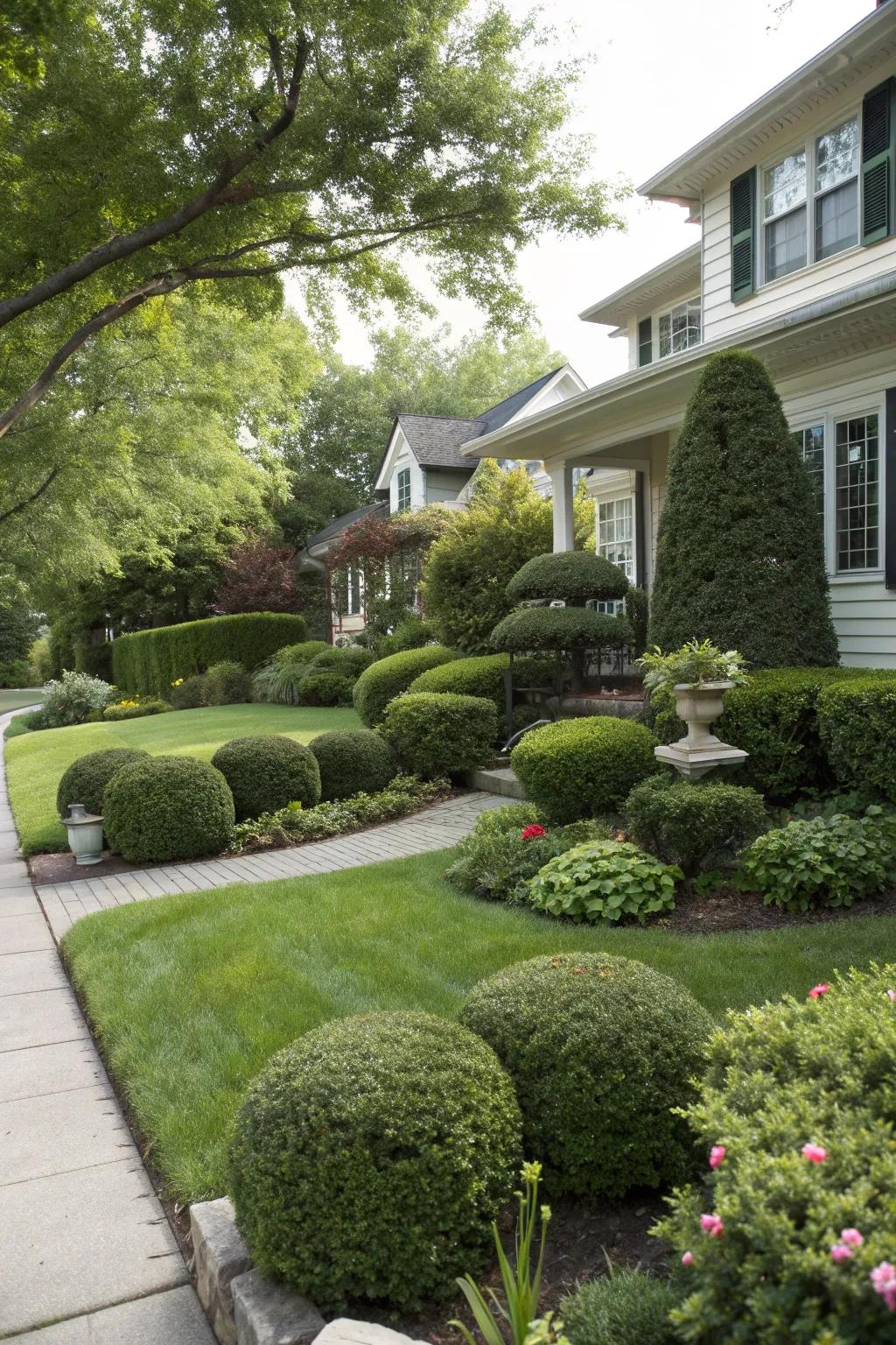 Strategically placed shrubs enhance the depth and texture of this front yard.