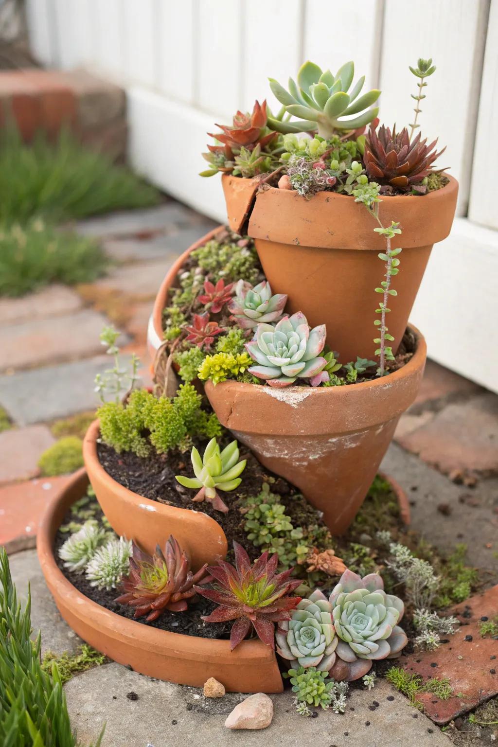 A broken pot transforms into a multi-level succulent fairy garden.