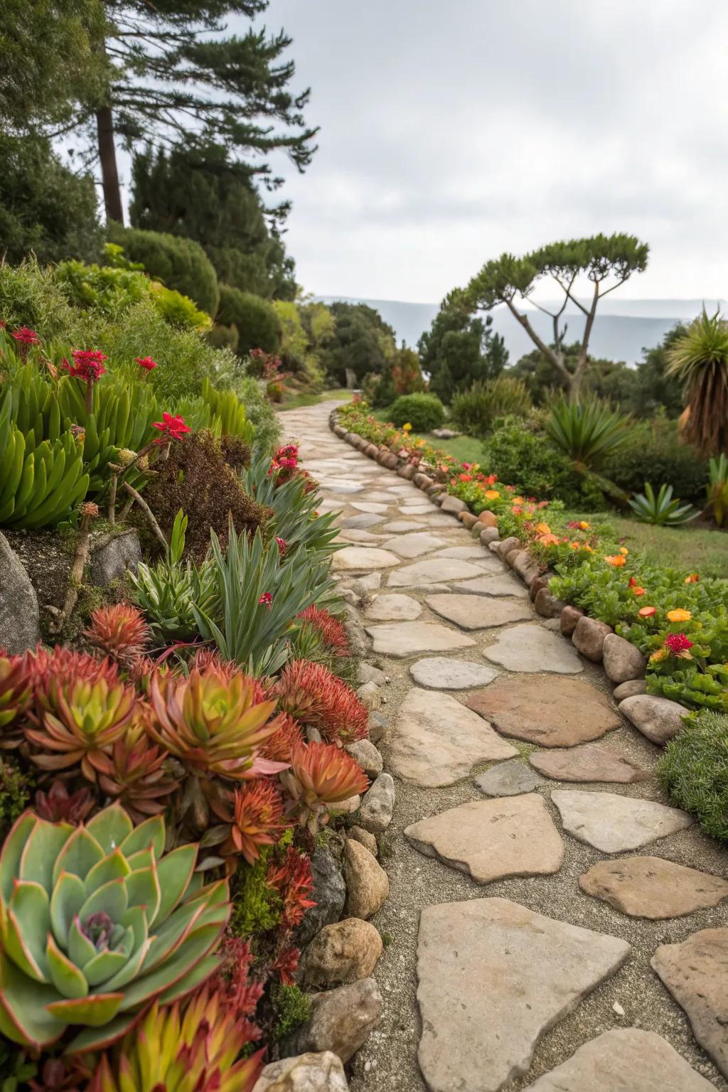 Pathway bordered by succulents invites exploration