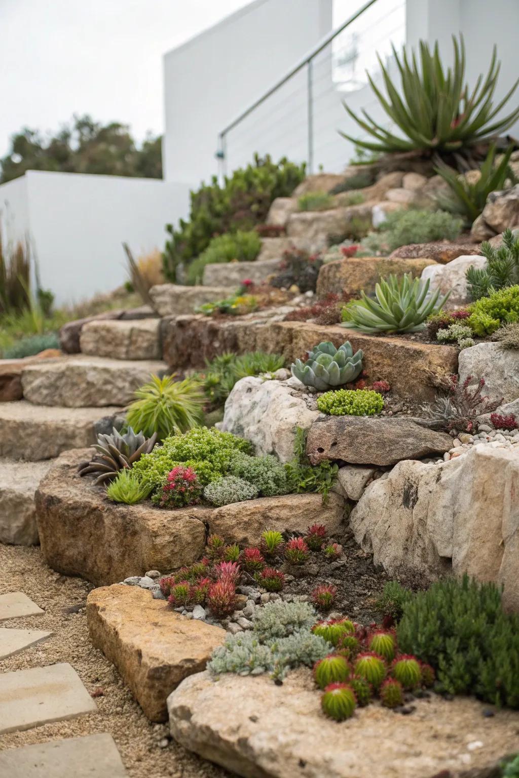 Elevated garden areas enhance drainage and visual appeal.