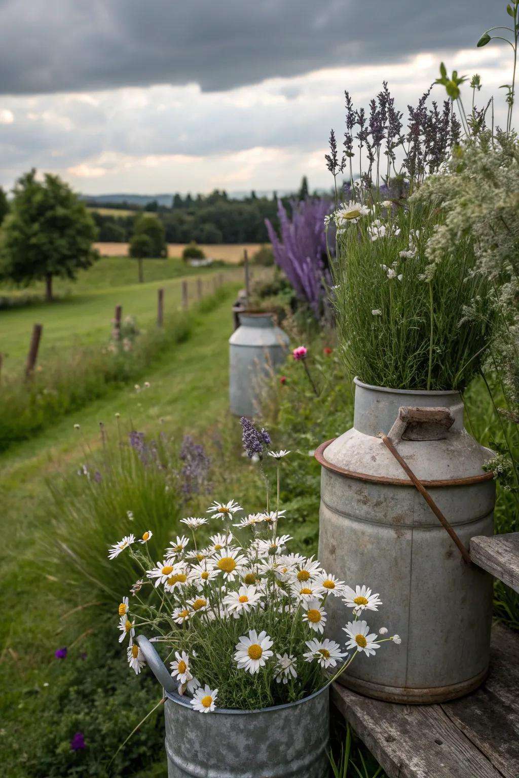 Rustic metal containers filled with summer blooms evoke a charming countryside vibe.
