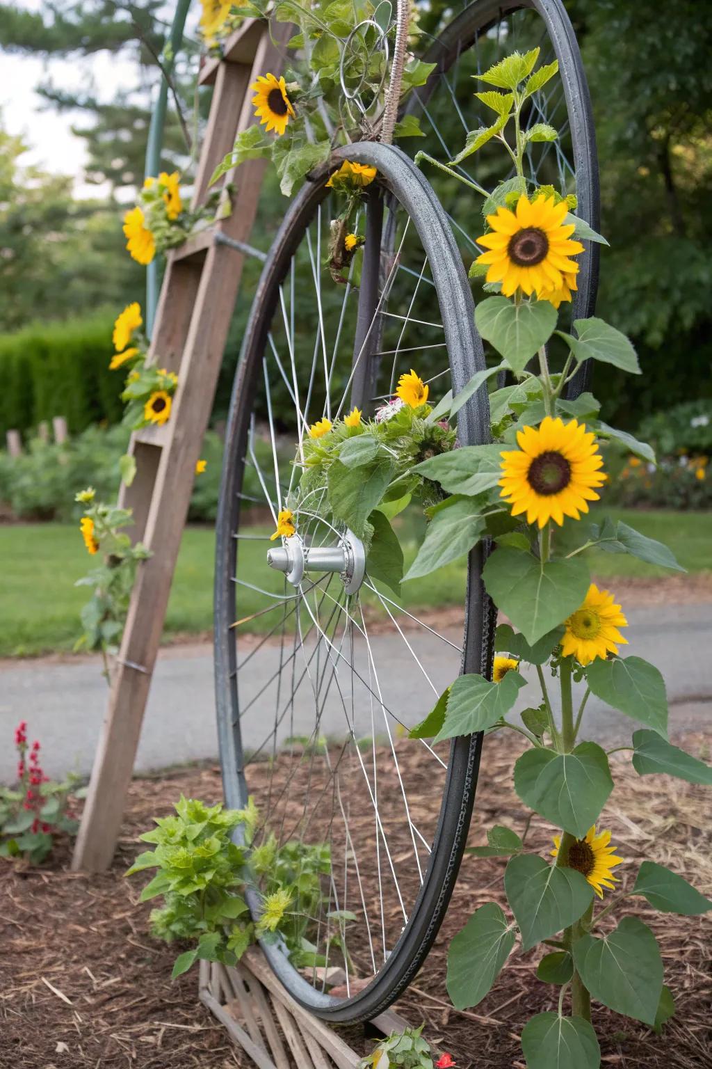 Eco-friendly and creative: a sunflower trellis from recycled bicycle wheels.