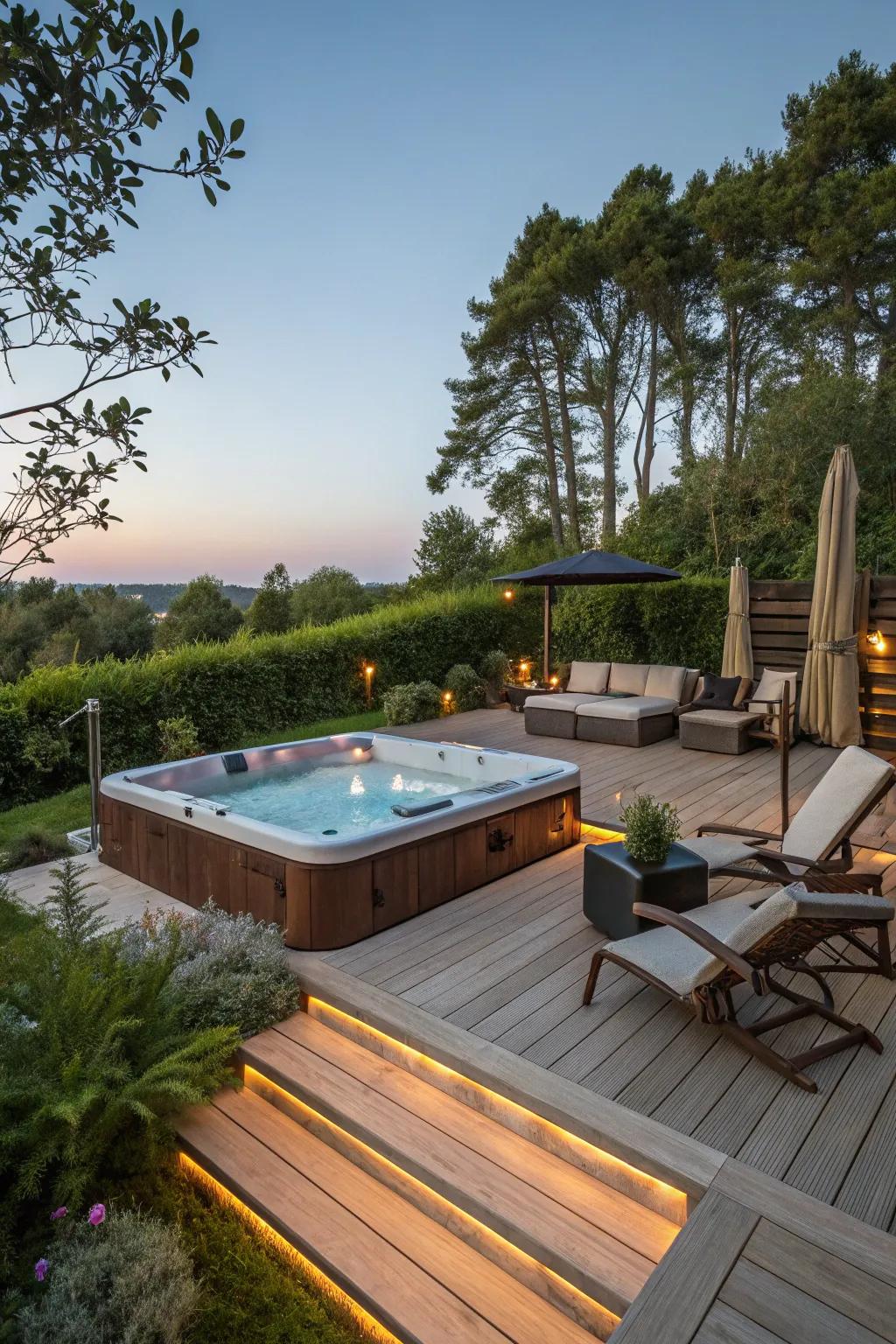 A sunken hot tub deck with integrated seating for ultimate relaxation.