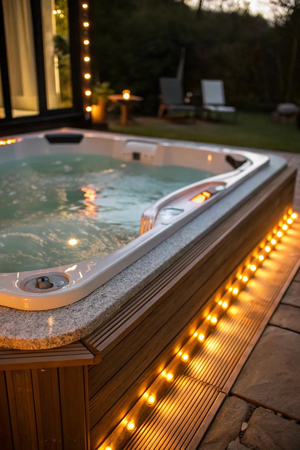 LED lights create a magical and inviting atmosphere around your hot tub.