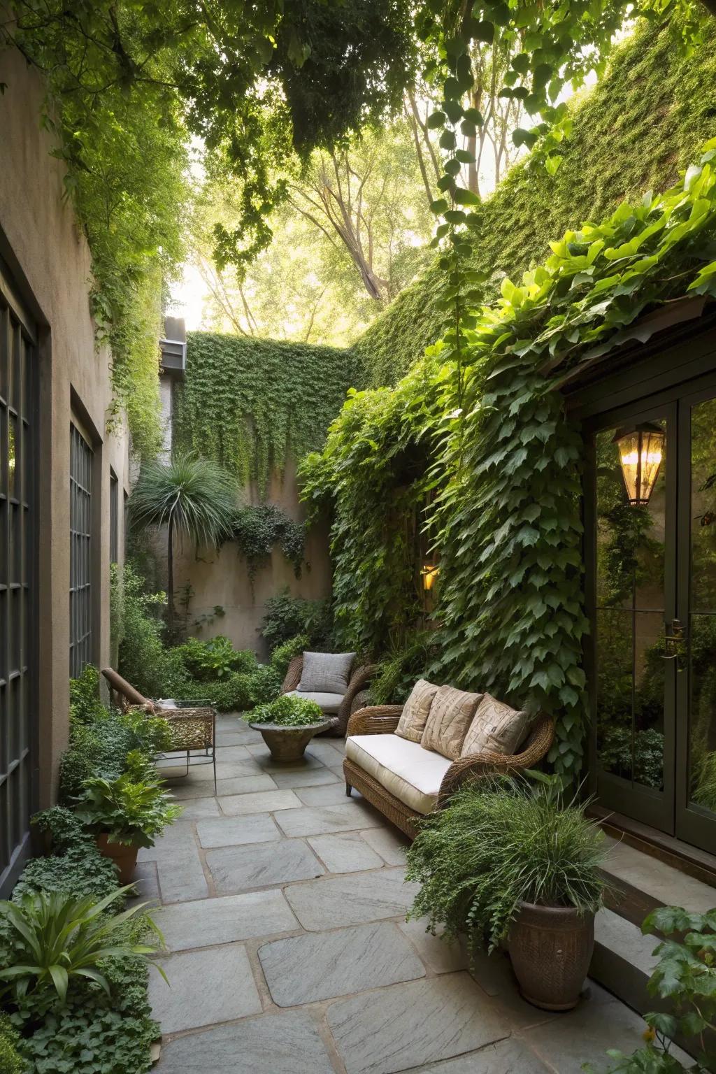 A sunken patio enveloped by lush living walls for ultimate privacy.