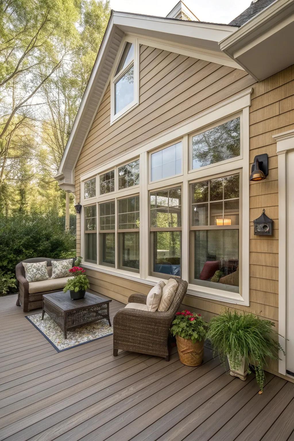 Vinyl siding gives this sunroom a warm, wood-like appearance.
