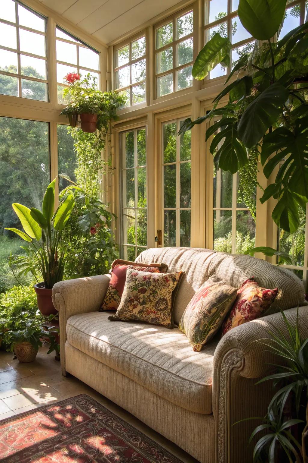 Settle into cozy seating surrounded by greenery.