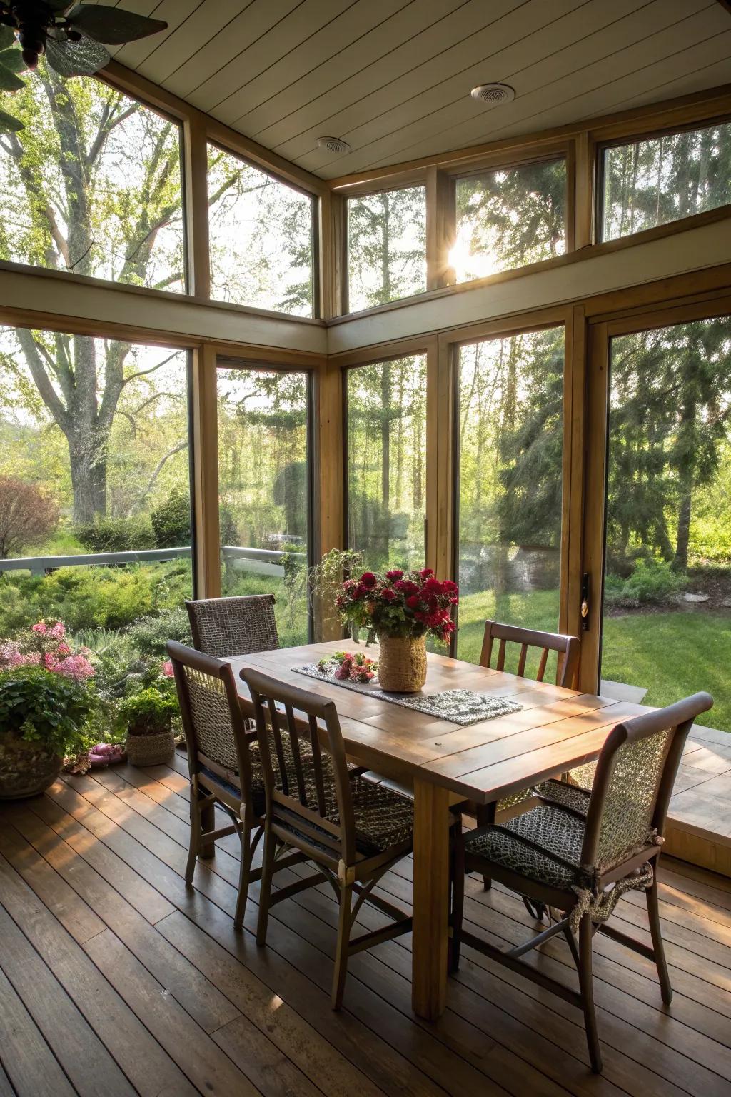 Enjoy meals with a view in this sunroom dining setup.