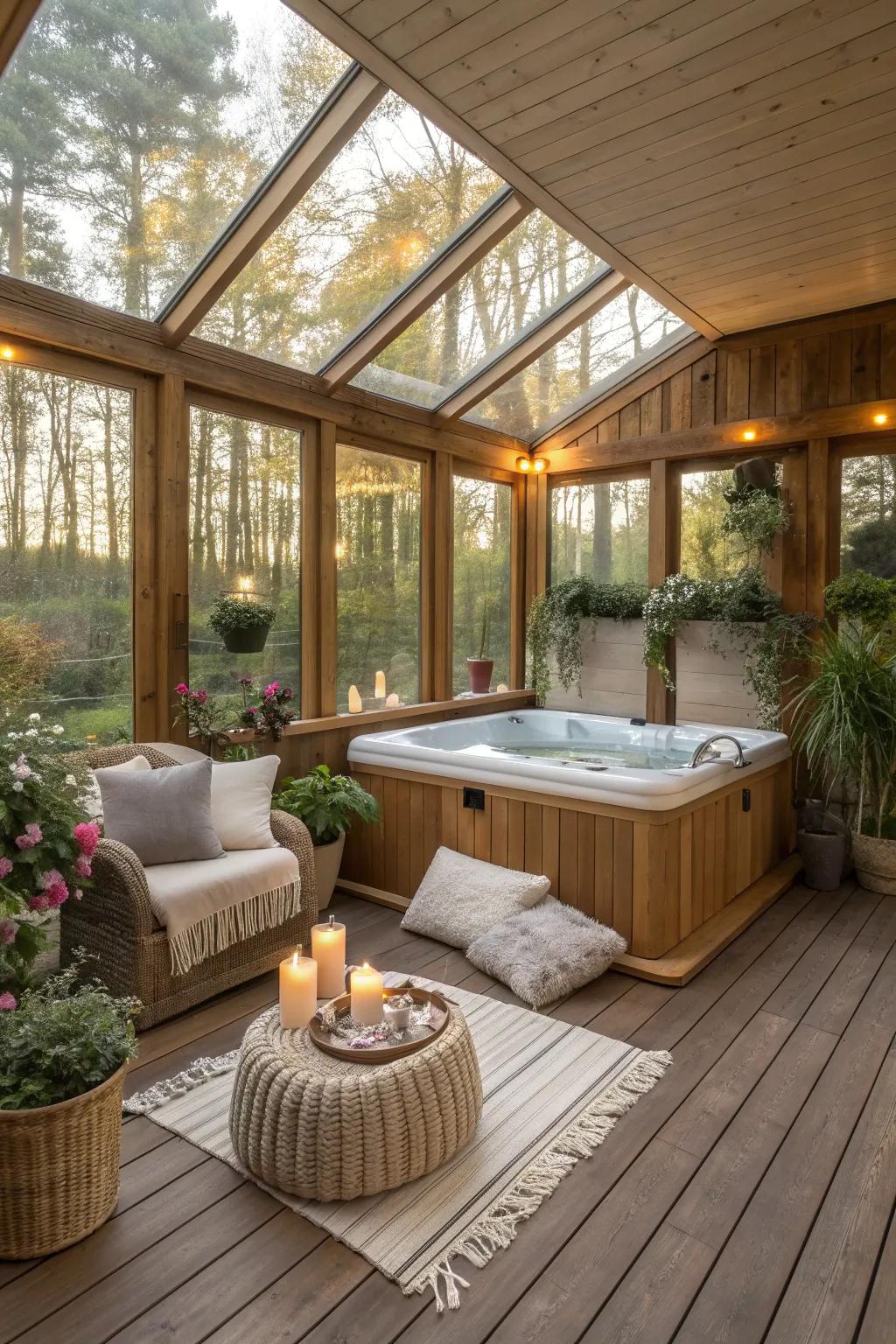 Warm wood accents add coziness to this sunroom retreat.