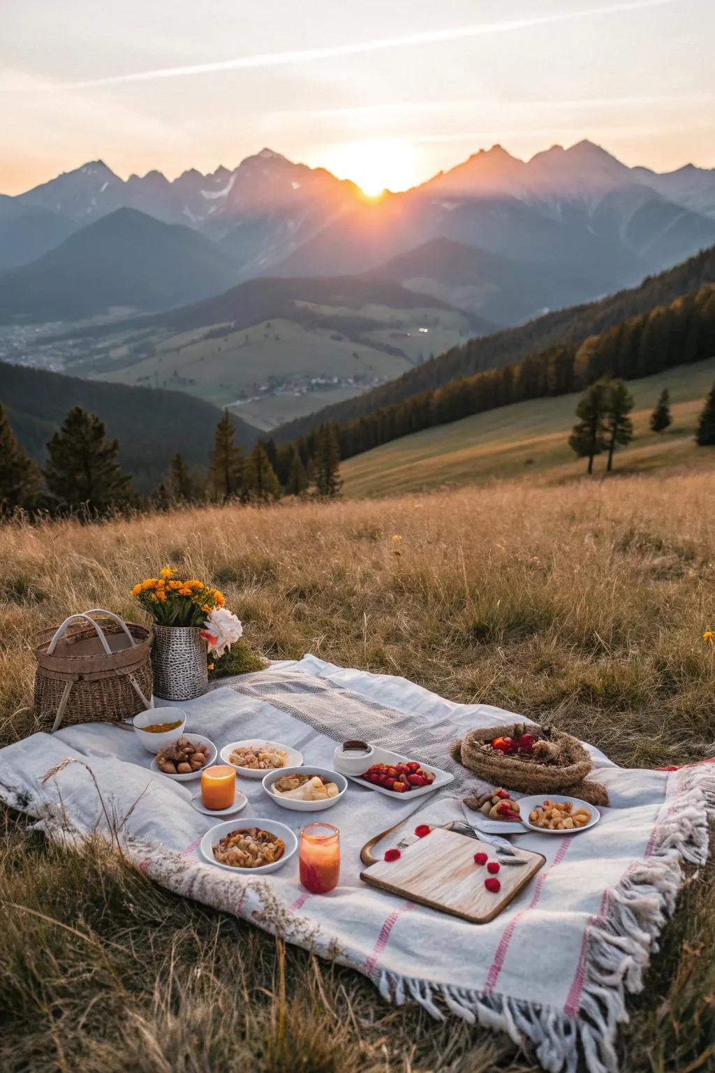 A stunning mountain view picnic during sunset.