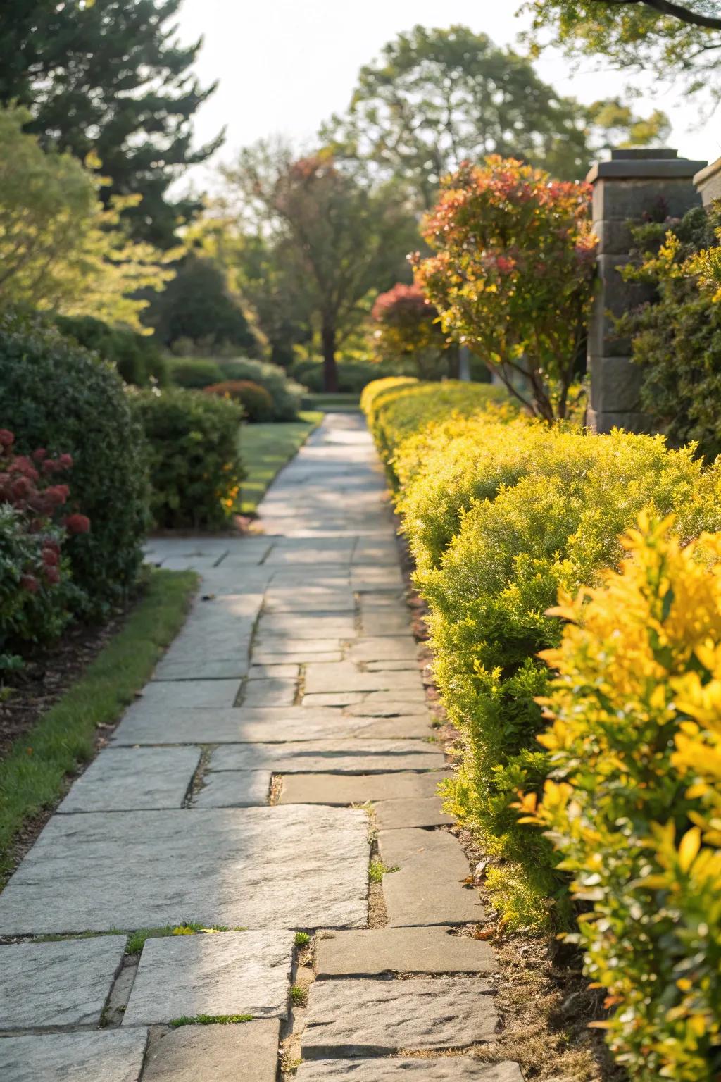Elegant garden pathways accented by sunshine ligustrum.