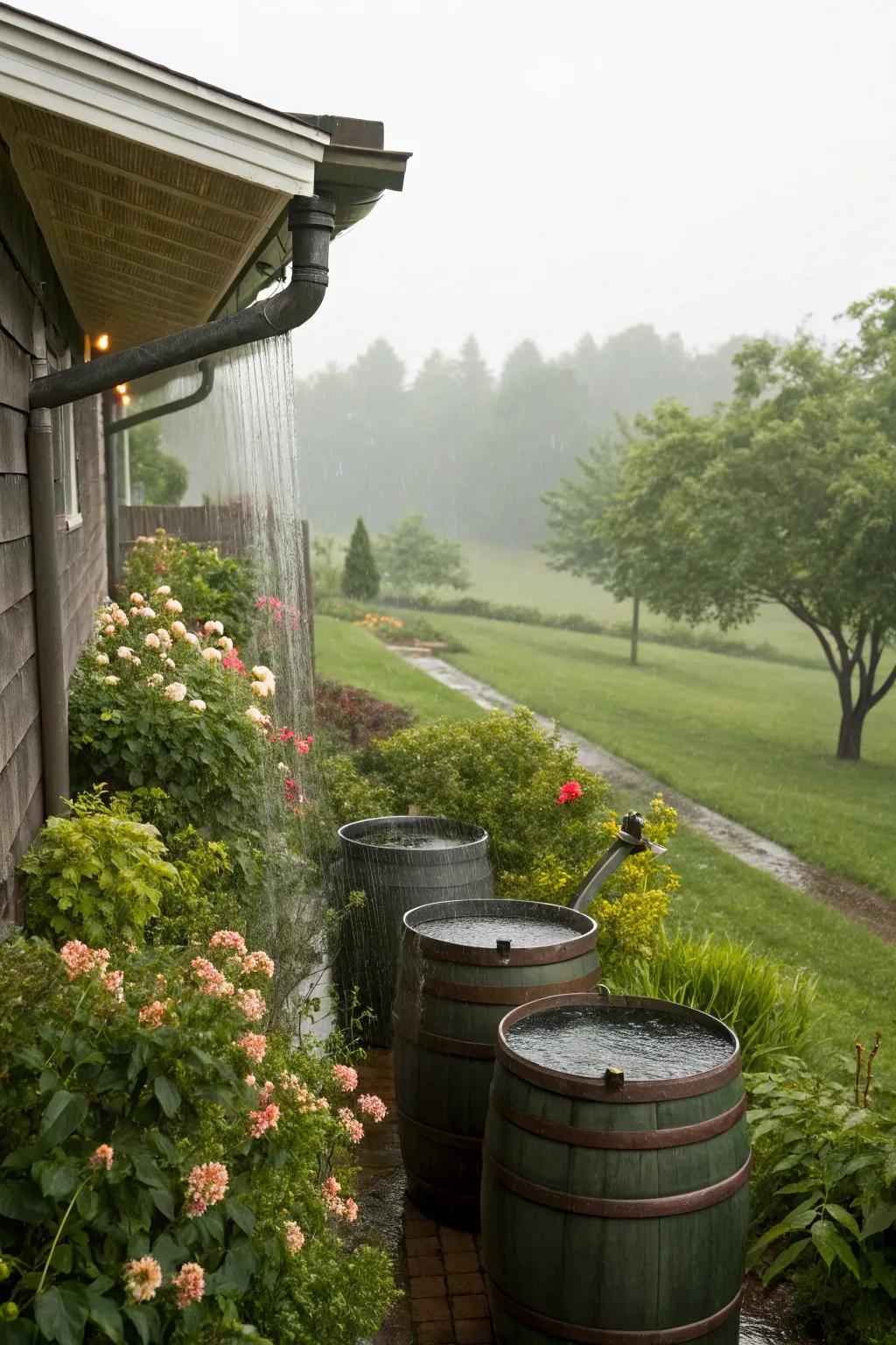 Rain barrels collecting precious water for garden use.