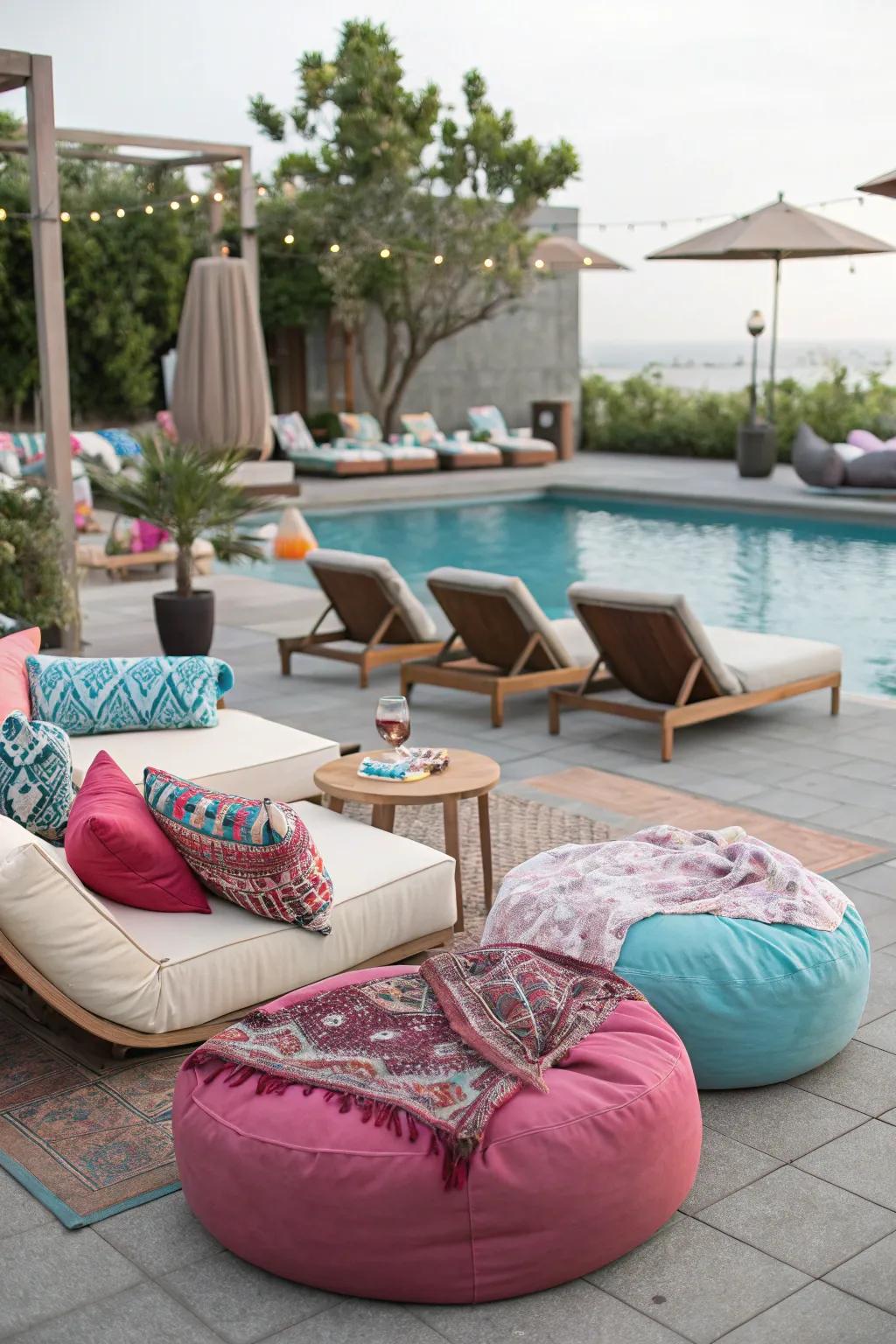A chic lounge area invites guests to unwind by the pool.
