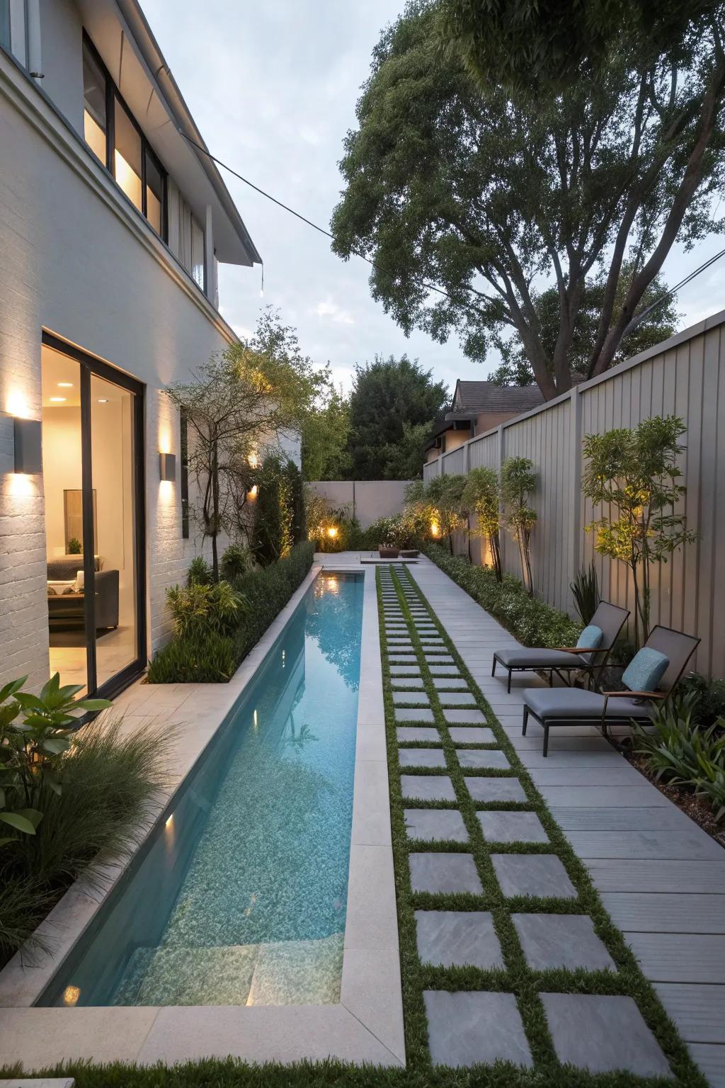 A long, narrow pool providing a sleek look in a compact backyard.