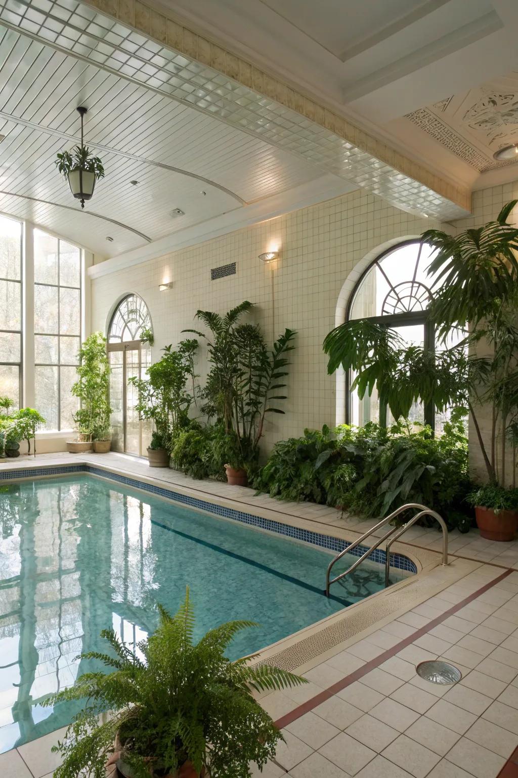 Indoor plants add a refreshing touch of nature to the pool room.