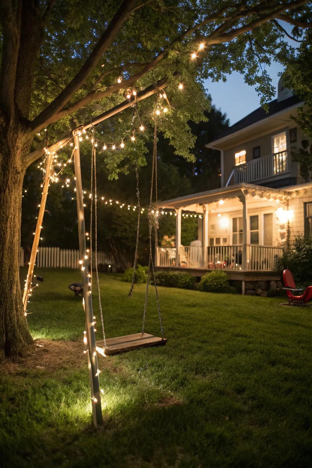A backyard swing set illuminated by whimsical string lights.