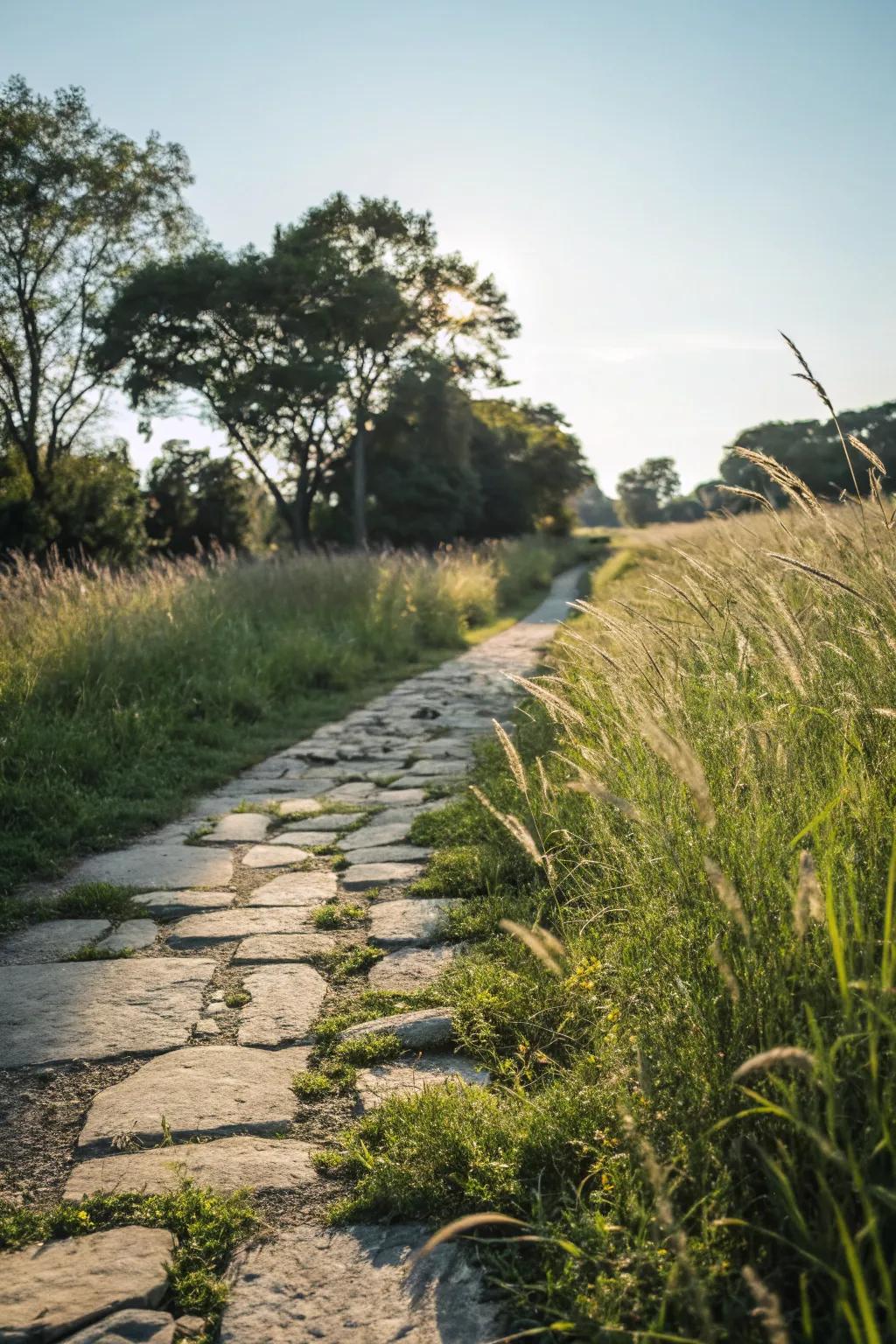 A charming garden path lined with tall grasses for a natural touch.
