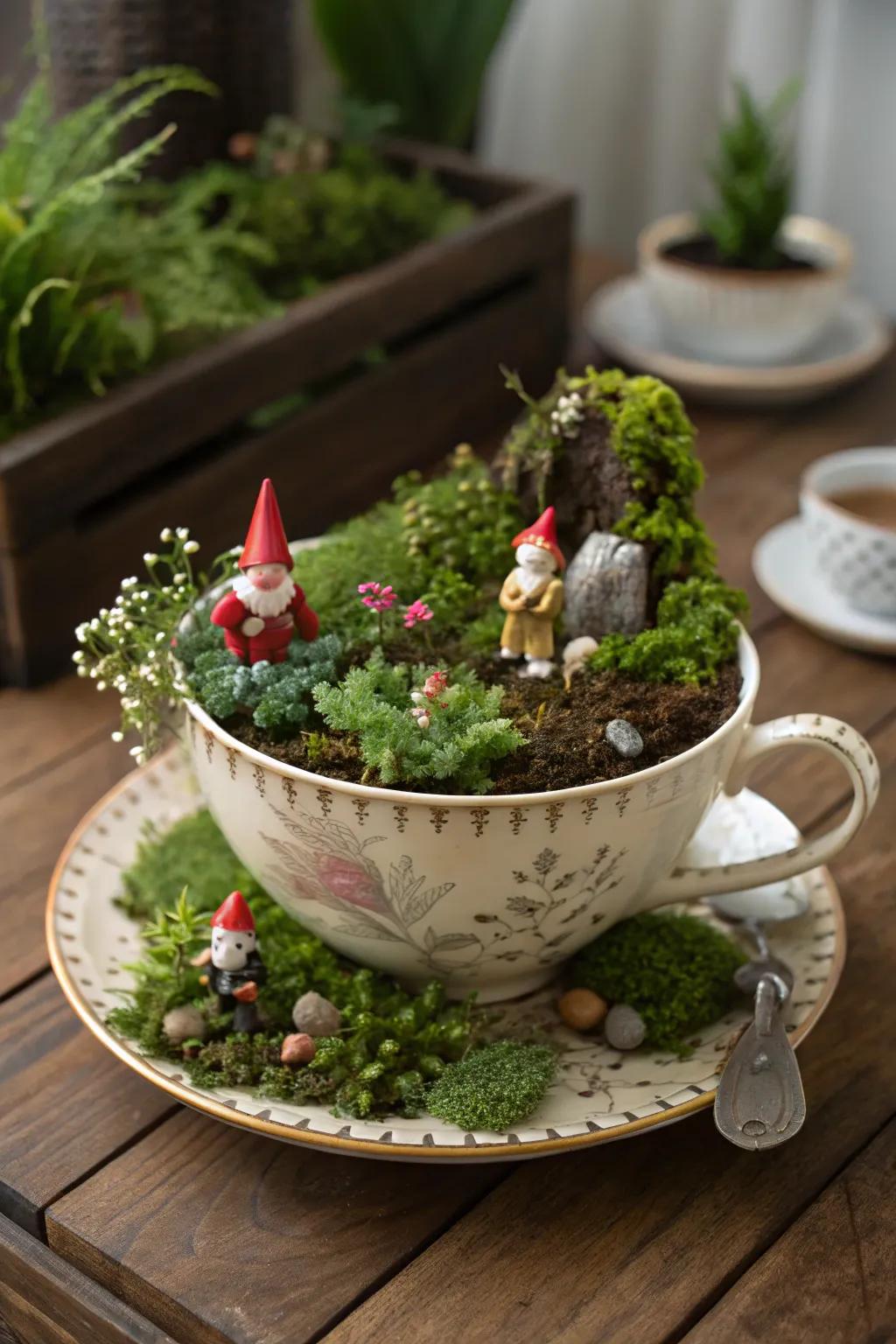 Gnome retreat nestled in a teacup garden.