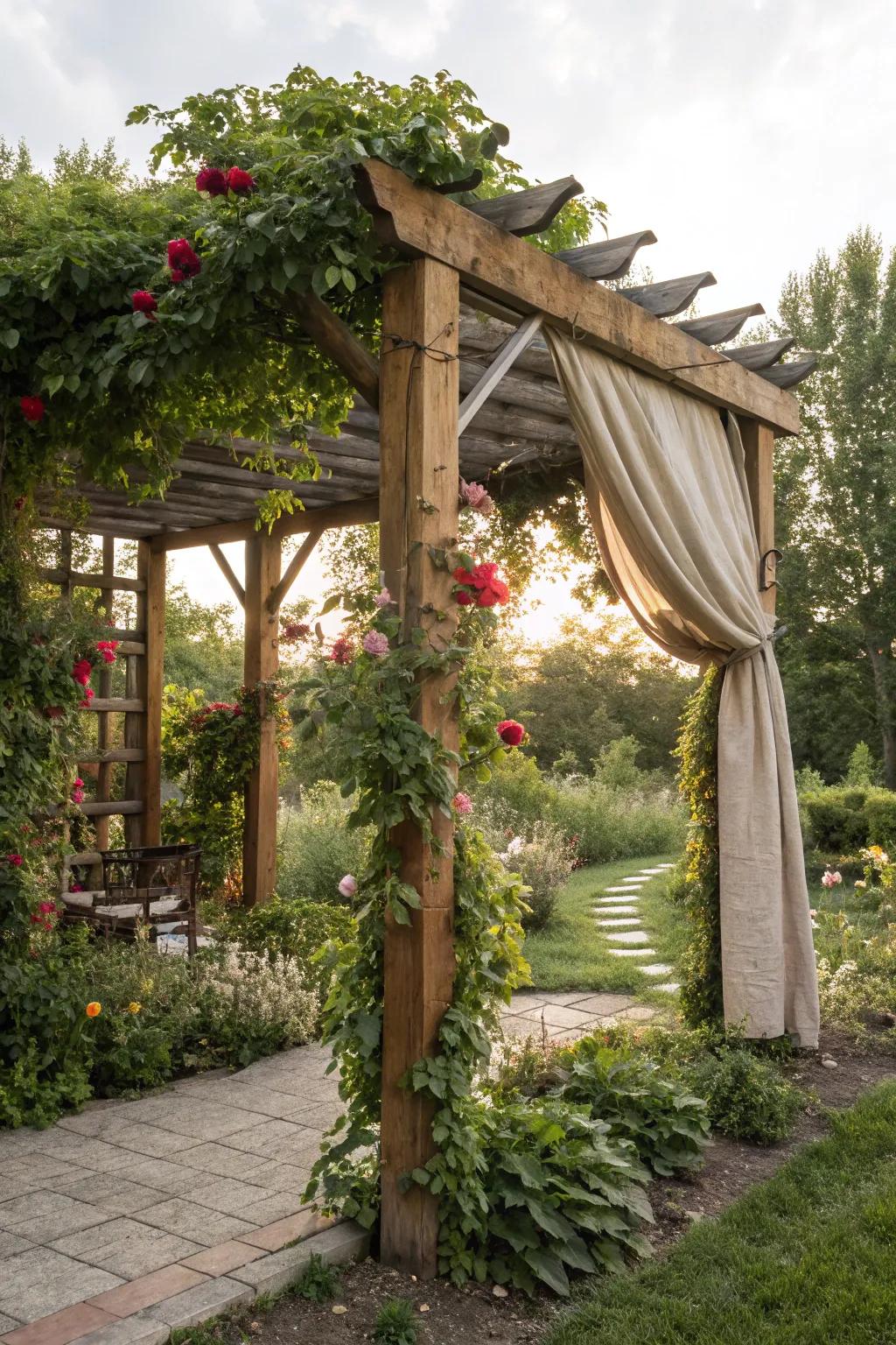 A pergola draped with fabric, creating a serene garden hideaway.