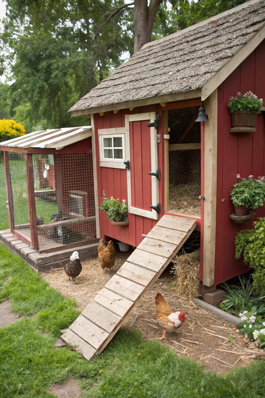 An innovative use of a garden shed as a temporary chicken coop.