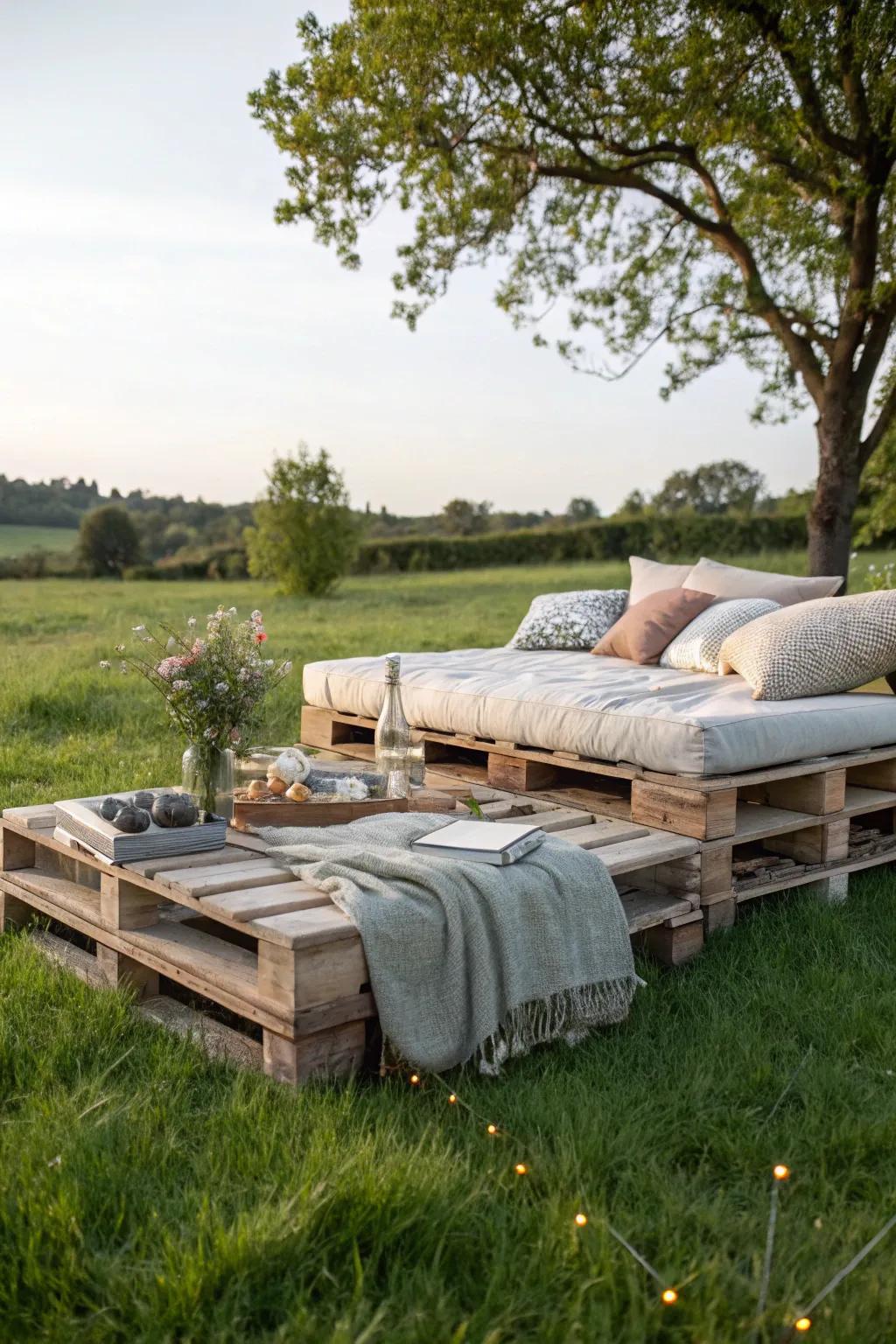 Wooden pallets create a rustic and practical patio platform