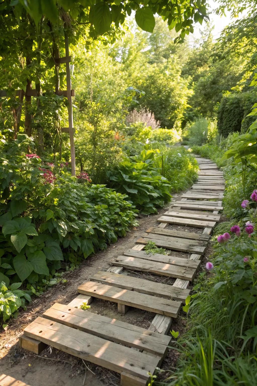 Wooden pallets create a rustic and charming temporary path.