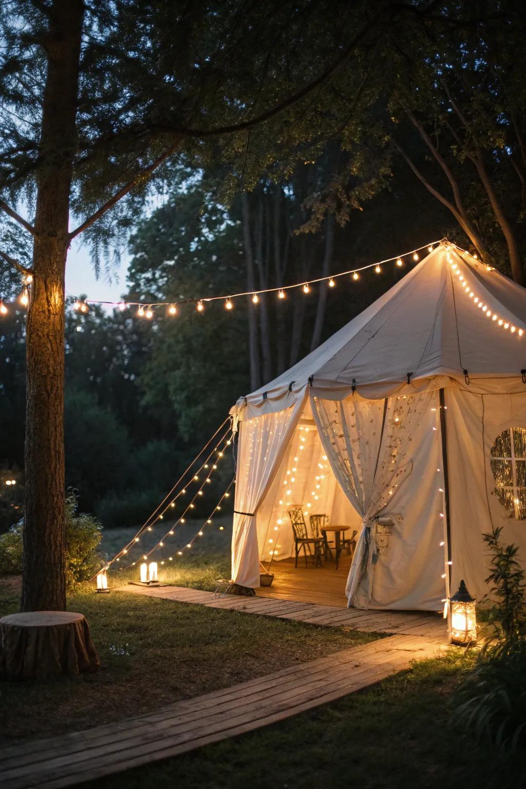 Set a magical mood with fairy lights around your tent.