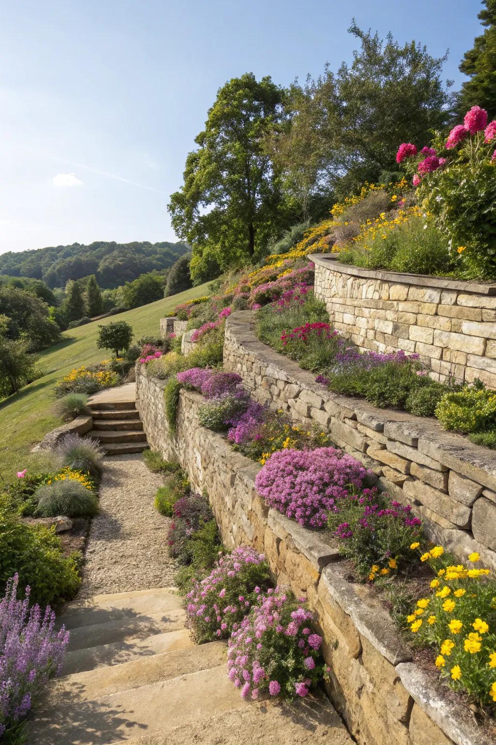 Terraced garden with natural stone retaining walls and vibrant flowers cascading down a slope.