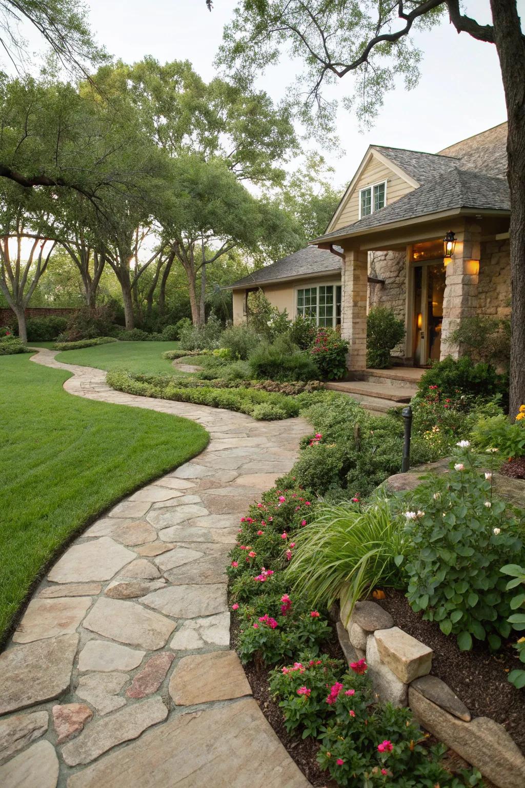 A stone pathway winding through a lush Texas front yard.