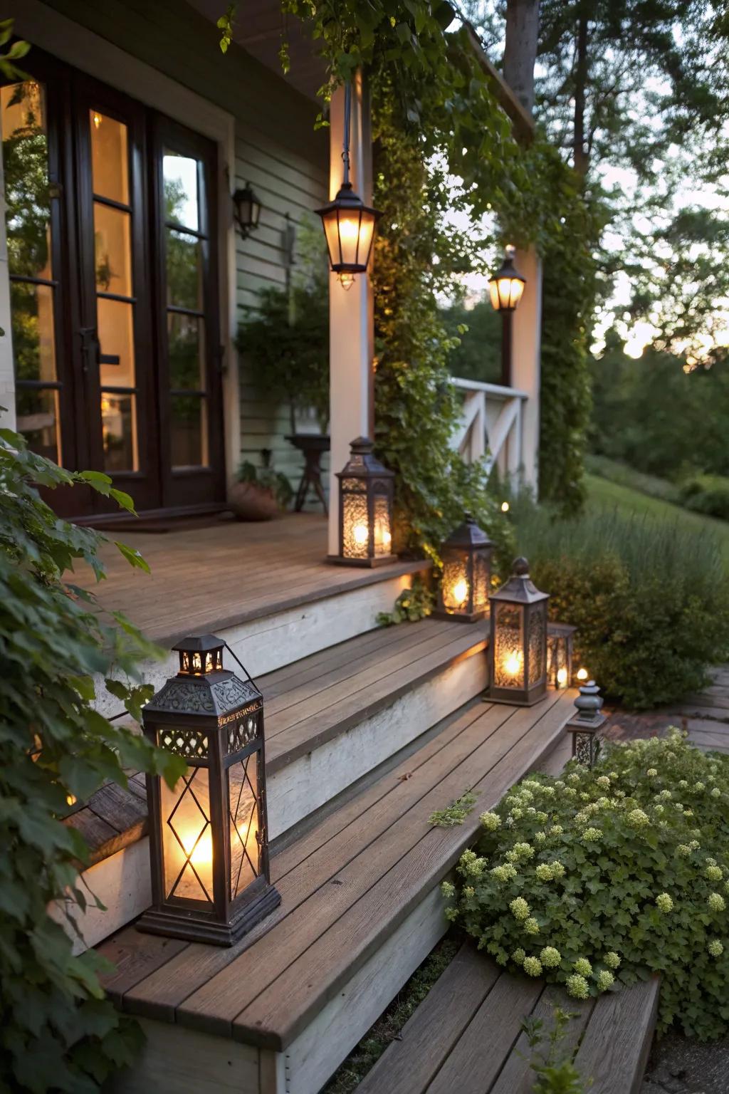 Lanterns line the steps, casting a cozy glow.