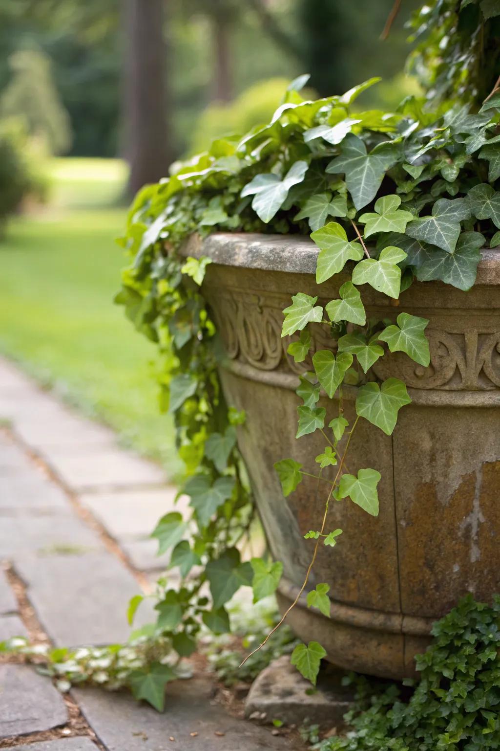 Ivy cascading over the edge, adding a lush, flowing touch.