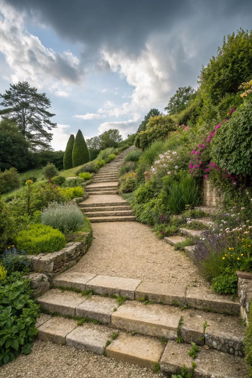 Steps and pathways invite exploration through your garden.