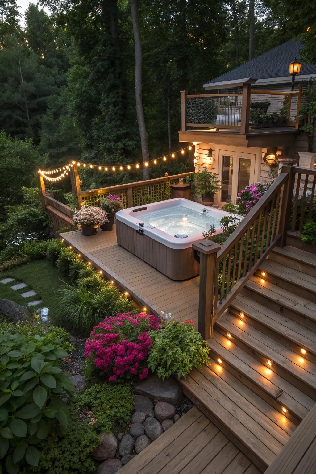 A relaxing hot tub setting on a tiered deck level.