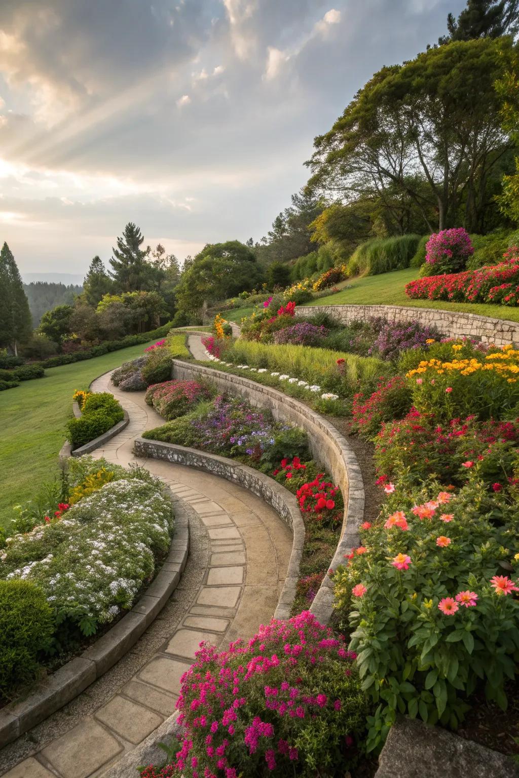 Curved terraces create a natural flow and enhance garden aesthetics.