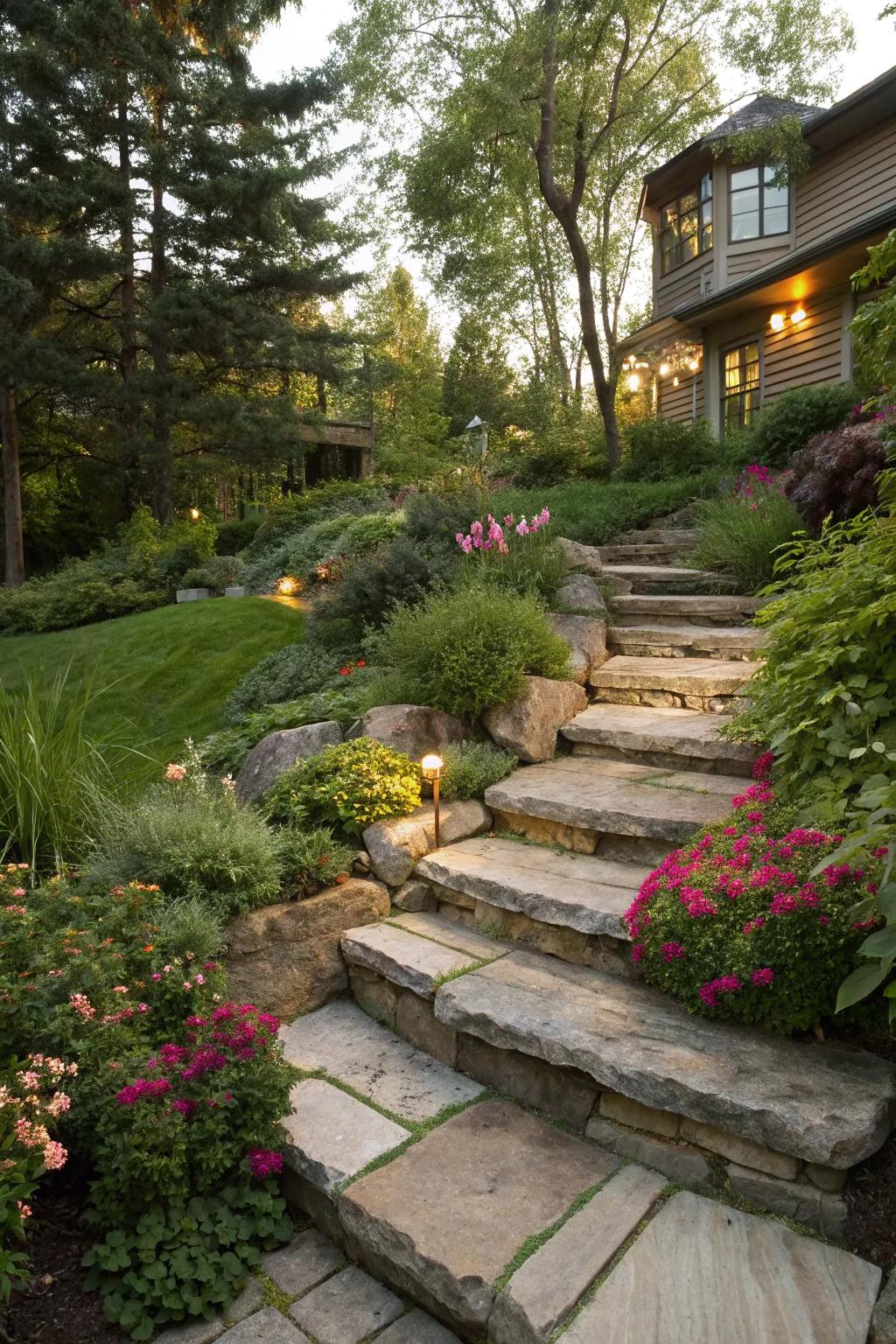 Natural stone steps offer both beauty and functionality in a tiered yard.