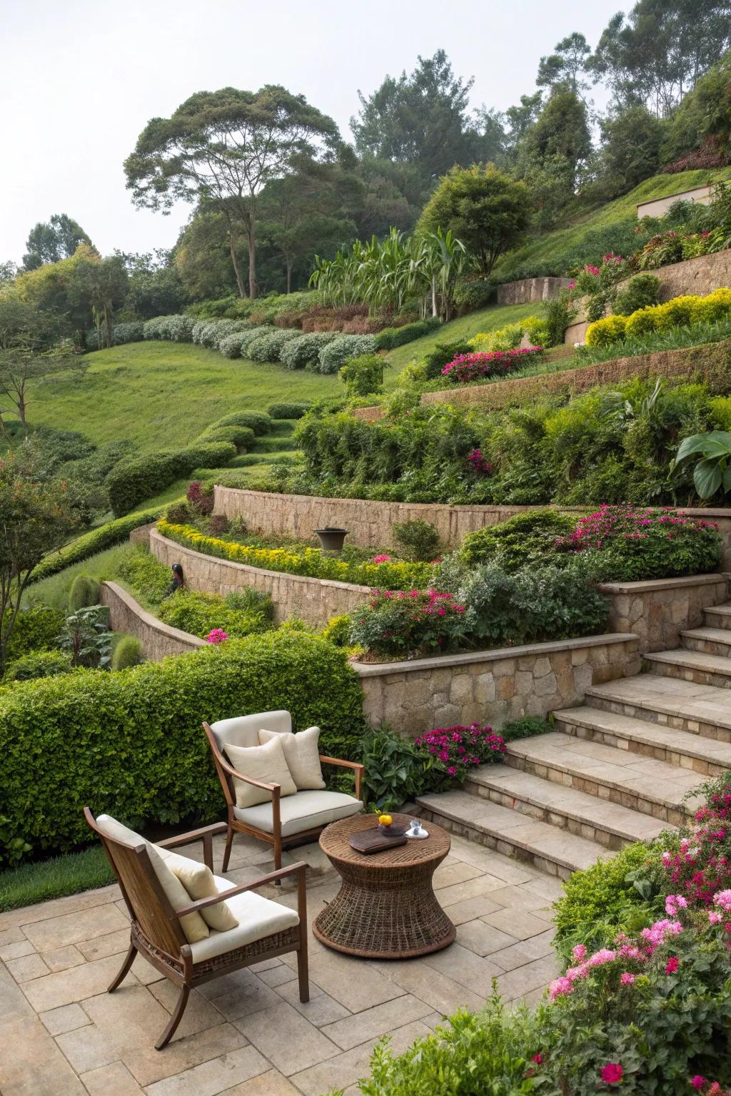 A cozy seating area within a tiered garden invites relaxation.