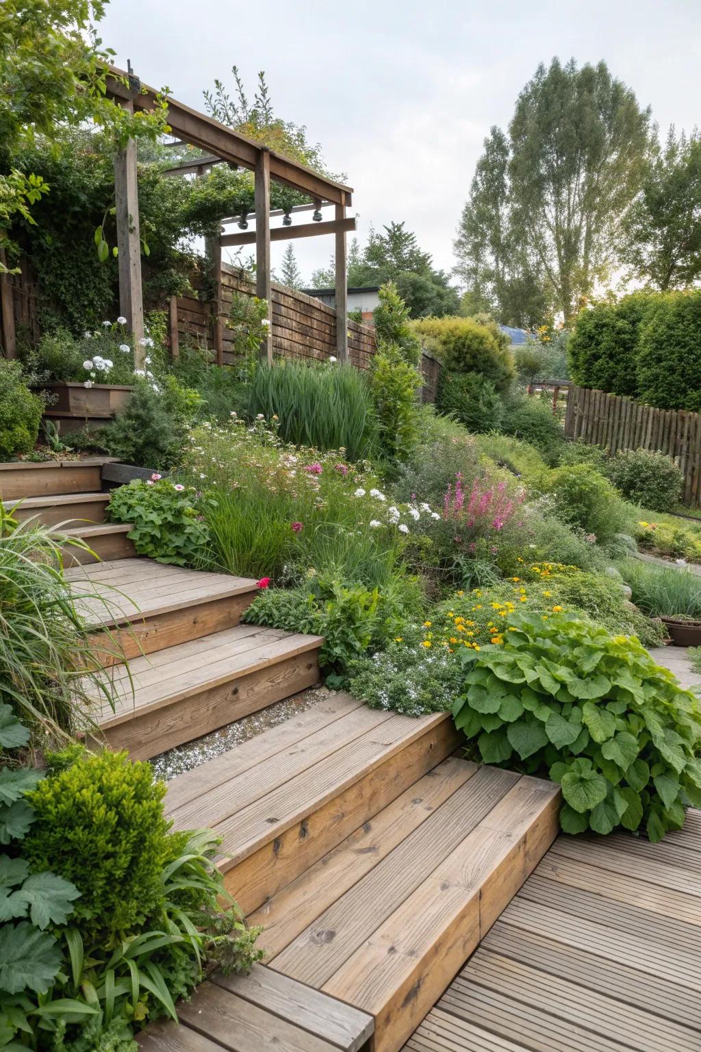 Wooden sleepers provide a natural and rustic look for garden tiers.