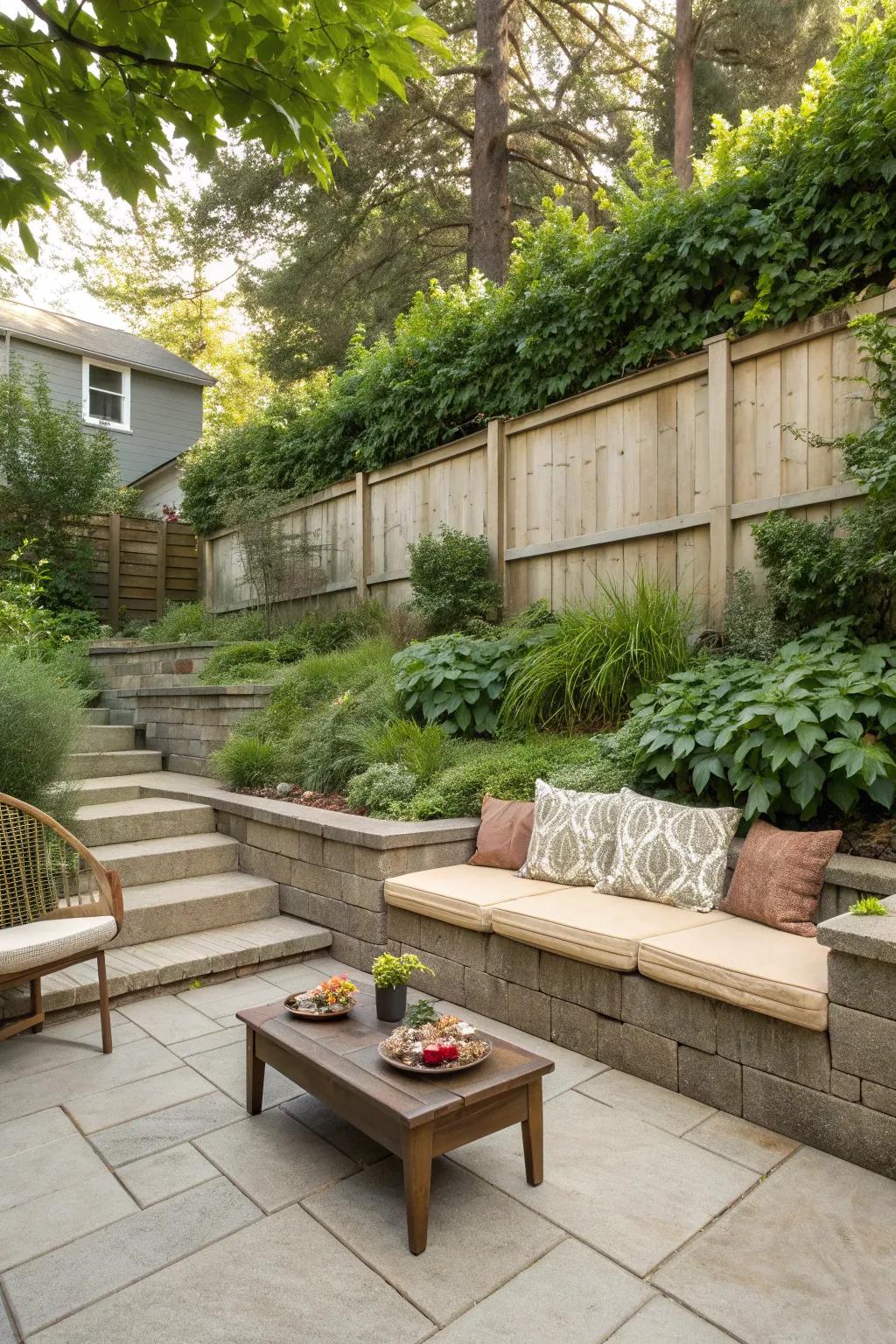 An inviting outdoor living space with built-in seating nestled in a tiered retaining wall.