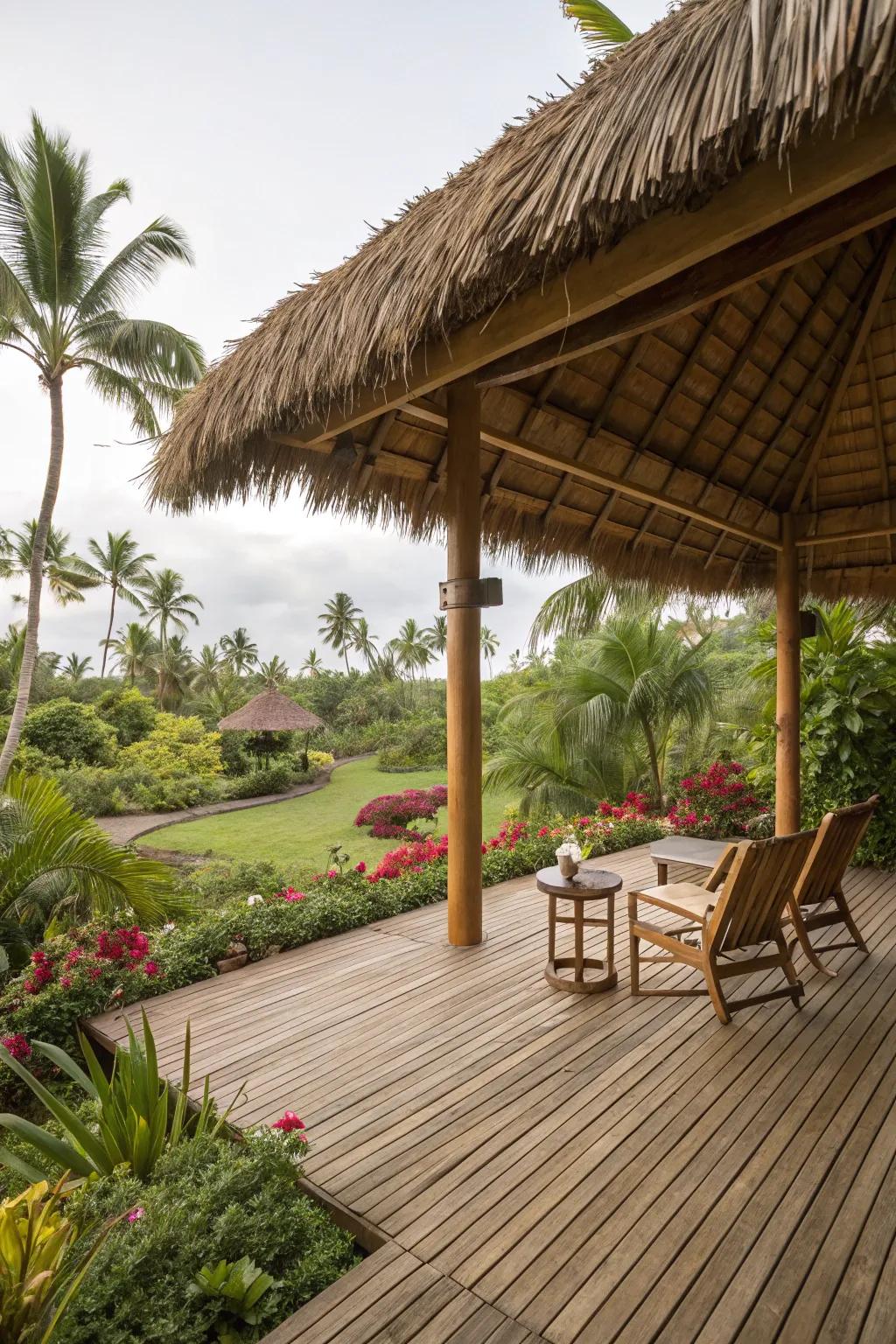 A traditional thatched roof brings an authentic tiki feel